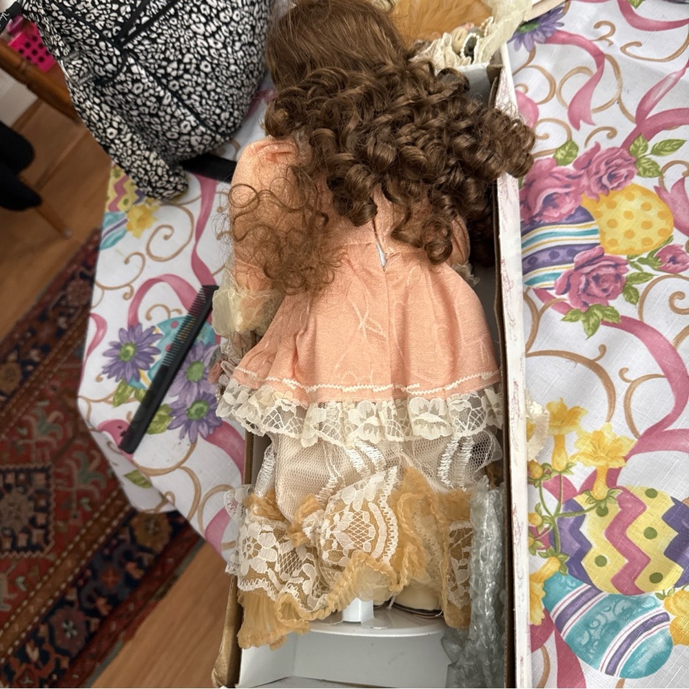 Porcelain Victorian-Style Doll in Peach and Cream Dress - Picture 3 of 3